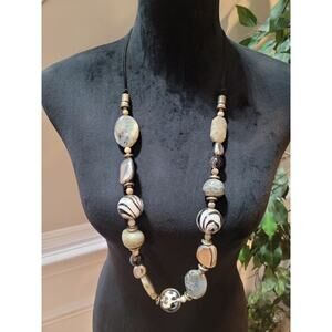 Women's Natural Stone Bead Necklace Black White Artisan Statement Jewelry Gift